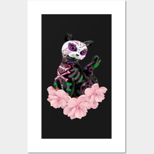 Day Of The Dead Sugar Skull Cat Pink Flowers Posters and Art